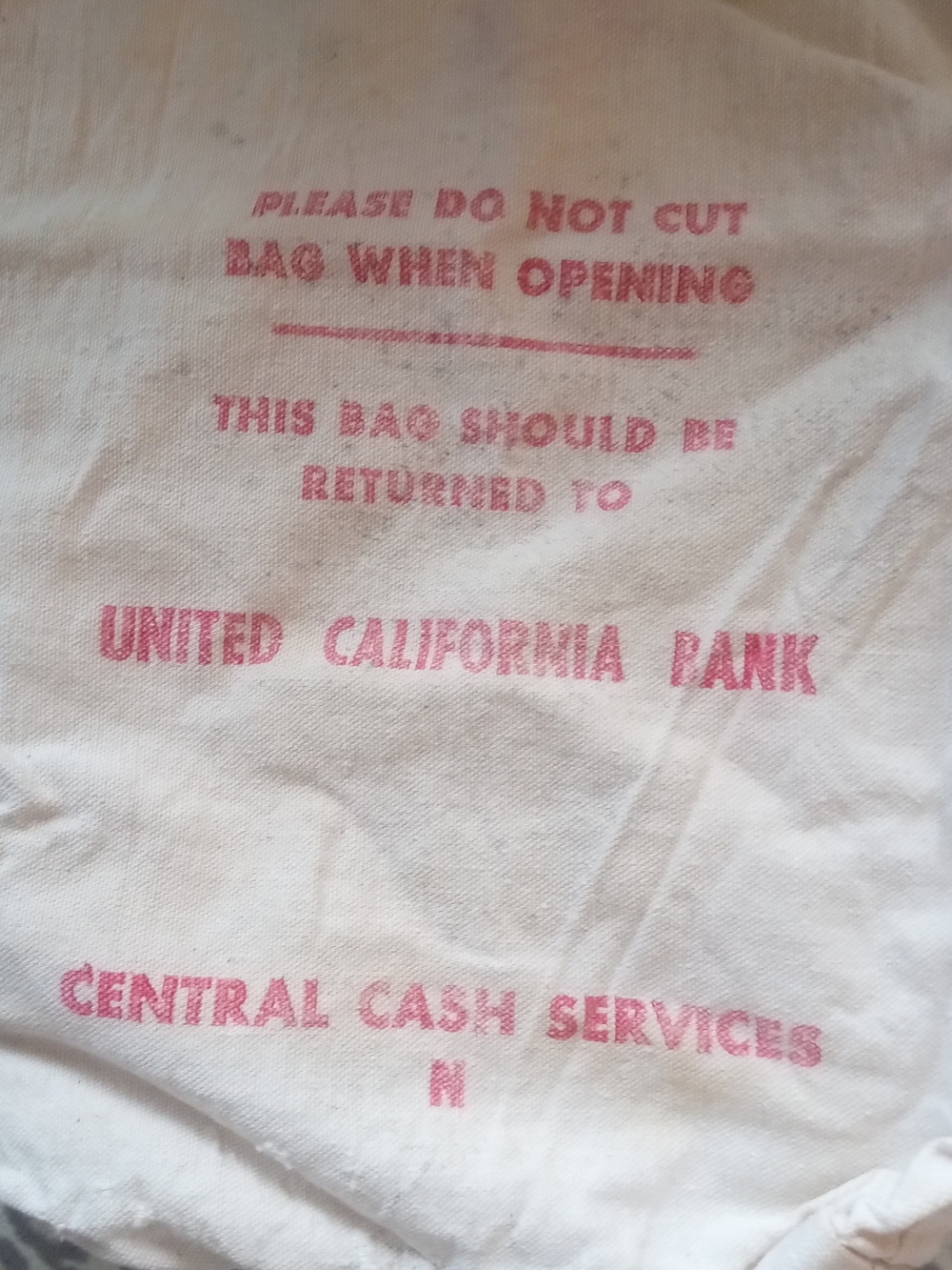 Vintage Canvas Bank Money Bag - United California Bank
